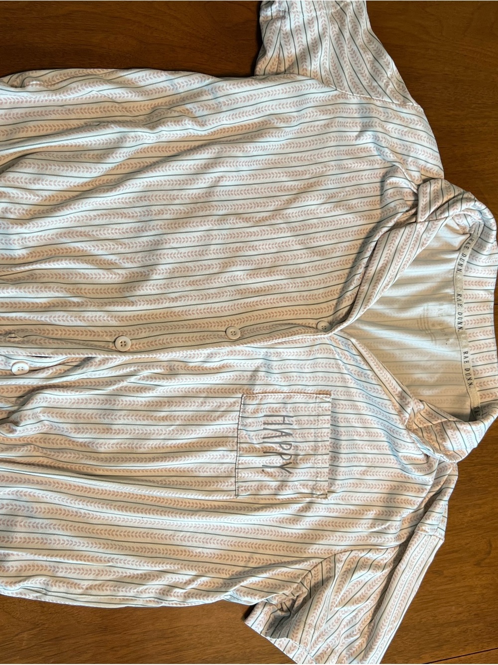 Rae Dunn White Pajama Top with Light Green & Pale Pink Stripes